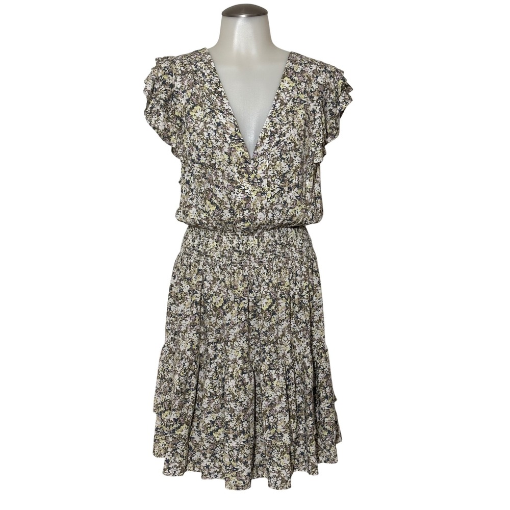 DKNY Jeans Tea Dress Womens XL Green Daisy Floral Ruffle Smocked NWT